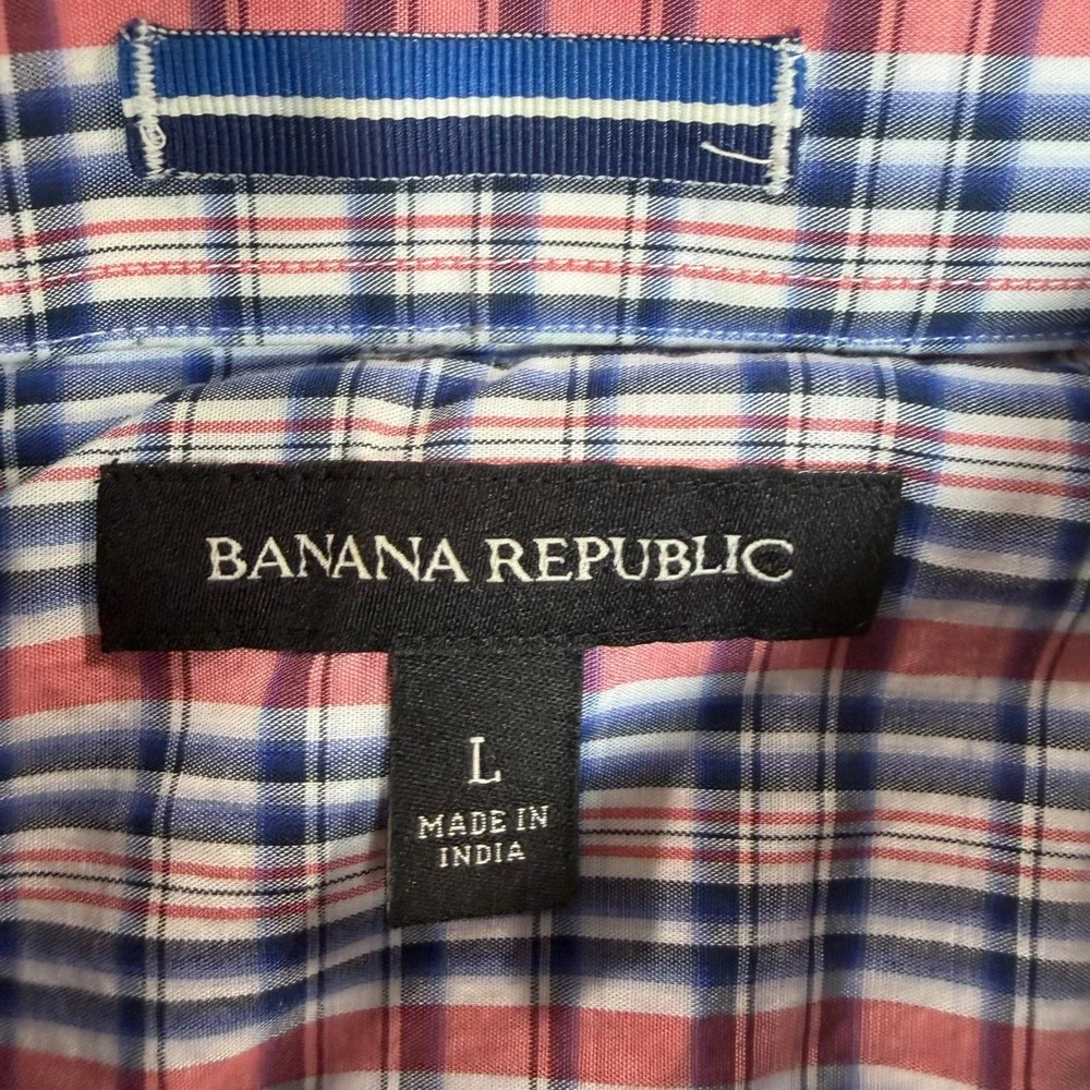 Banana Republic Mens Western Pearl Snap Plaid Shirt Red White Blue Large Stretch